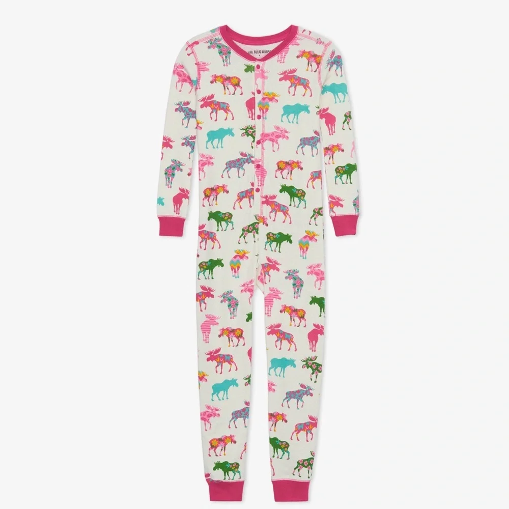HATLEY LITTLE BLUE HOUSE MOOSE PATTERNED KIDS UNION SUIT PAJAMAS, GIRLS SIZE 10